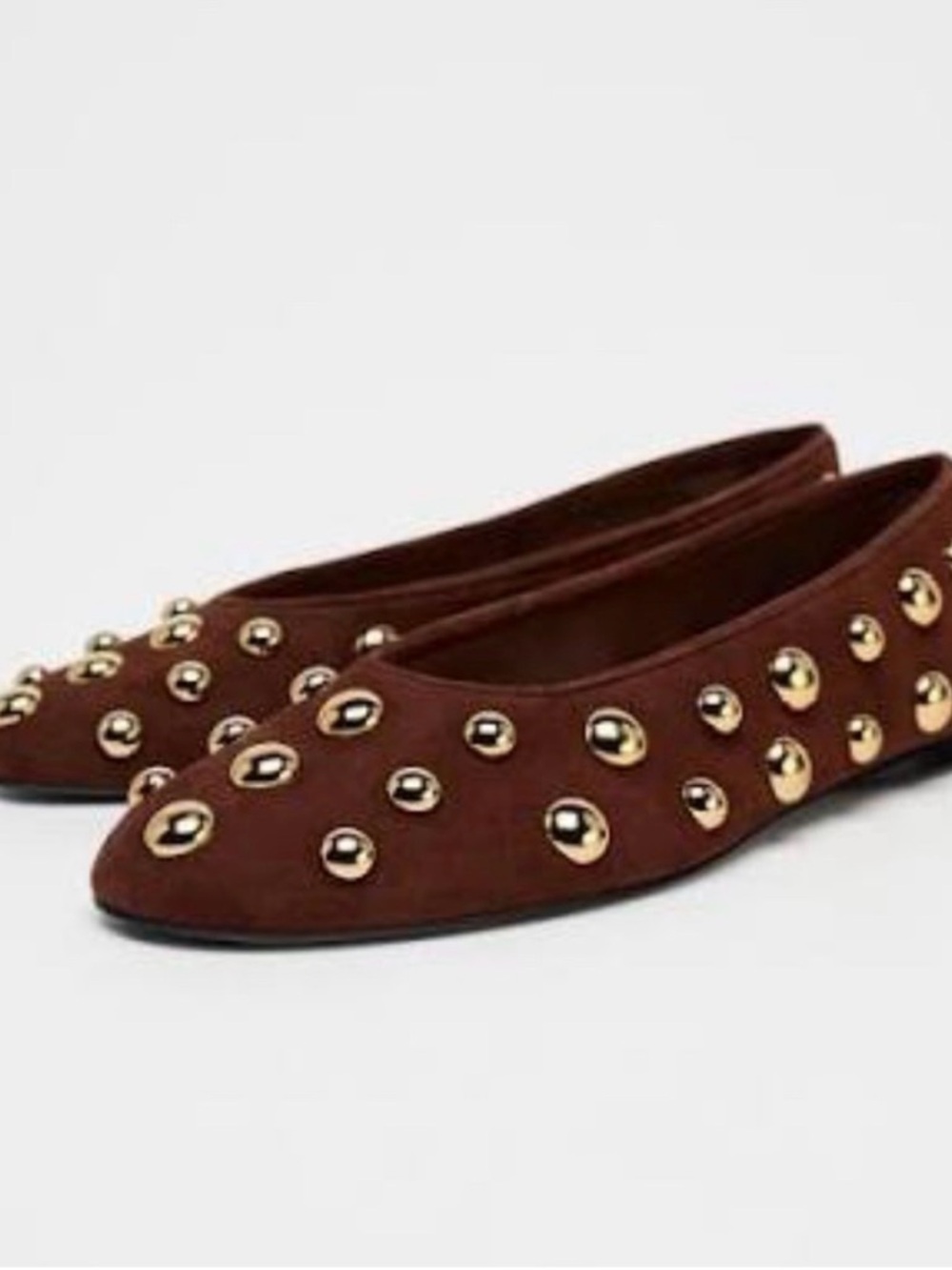 Zara Brown Suede Studded Ballet Flats with Gold Studs
